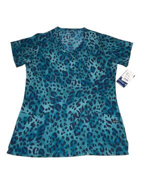 Jockey Women's Cheetah Leopard Print Scrub Top Teal Blue Green New Tags Sz Small